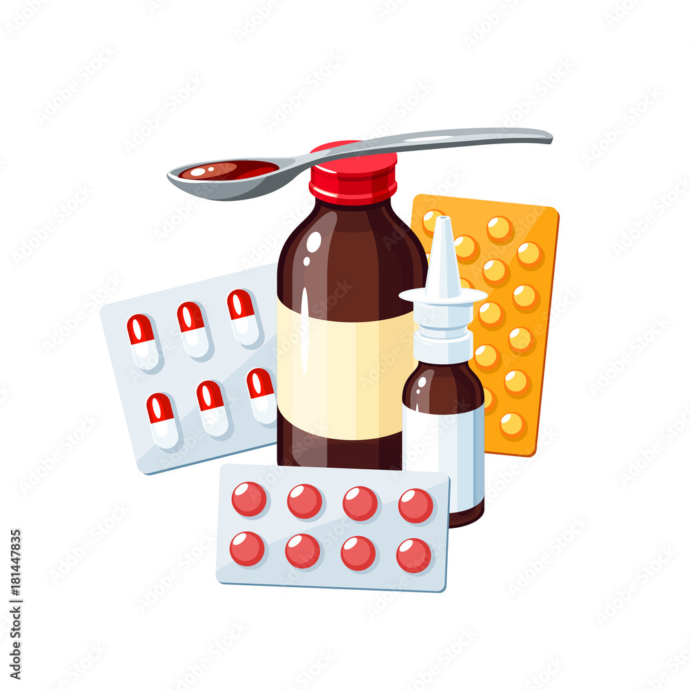 Collection of common over-the-counter medications including pills, syrup, nasal spray, and blister packs.