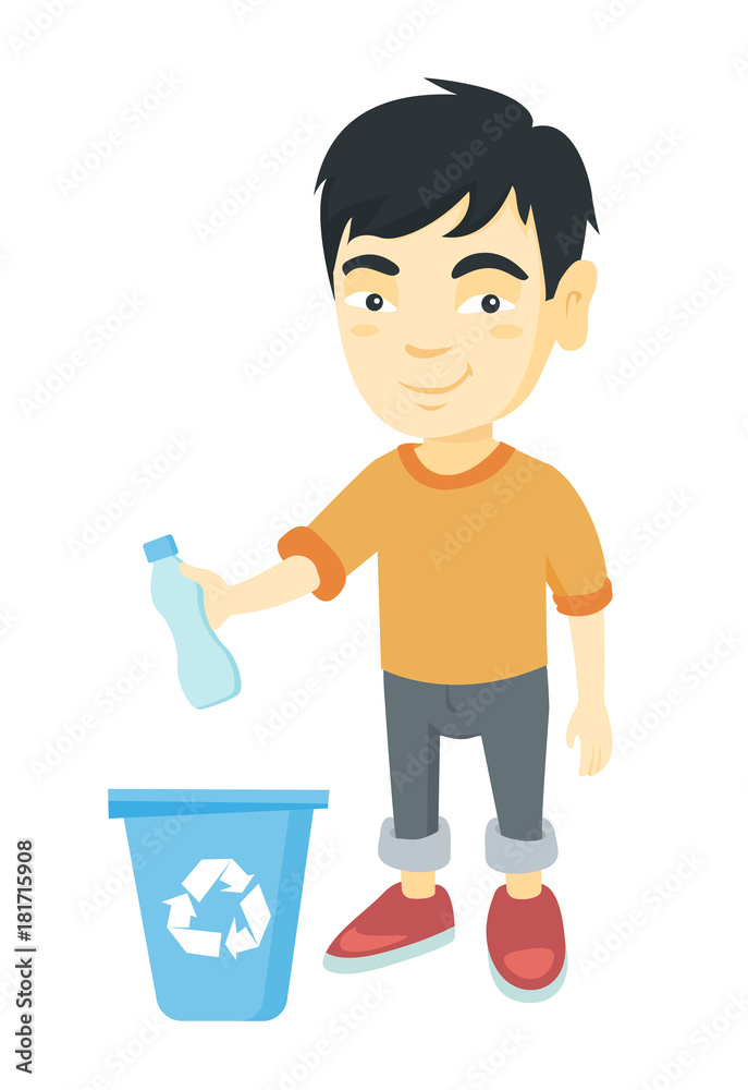 A smiling boy in an orange shirt recycling a plastic bottle into a blue bin with the recycling symbol.