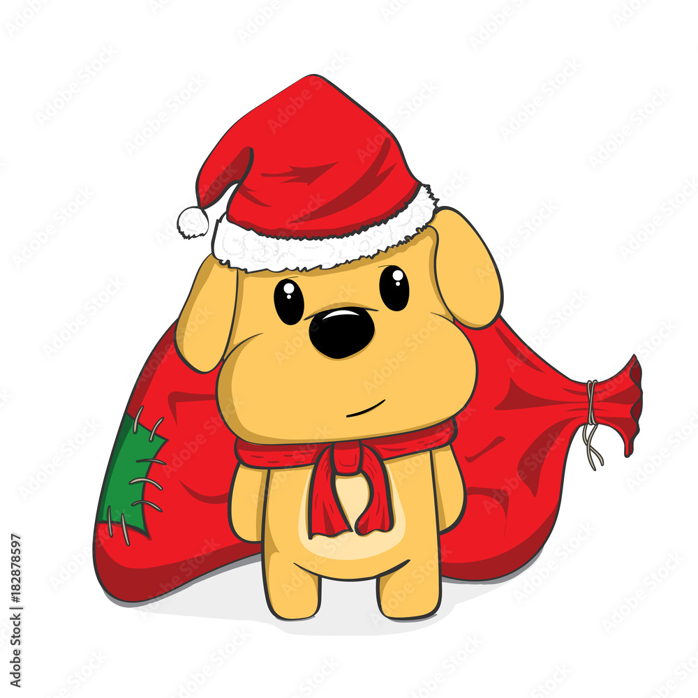 Cute cartoon puppy wearing Santa hat and red scarf, holding a festive gift sack.