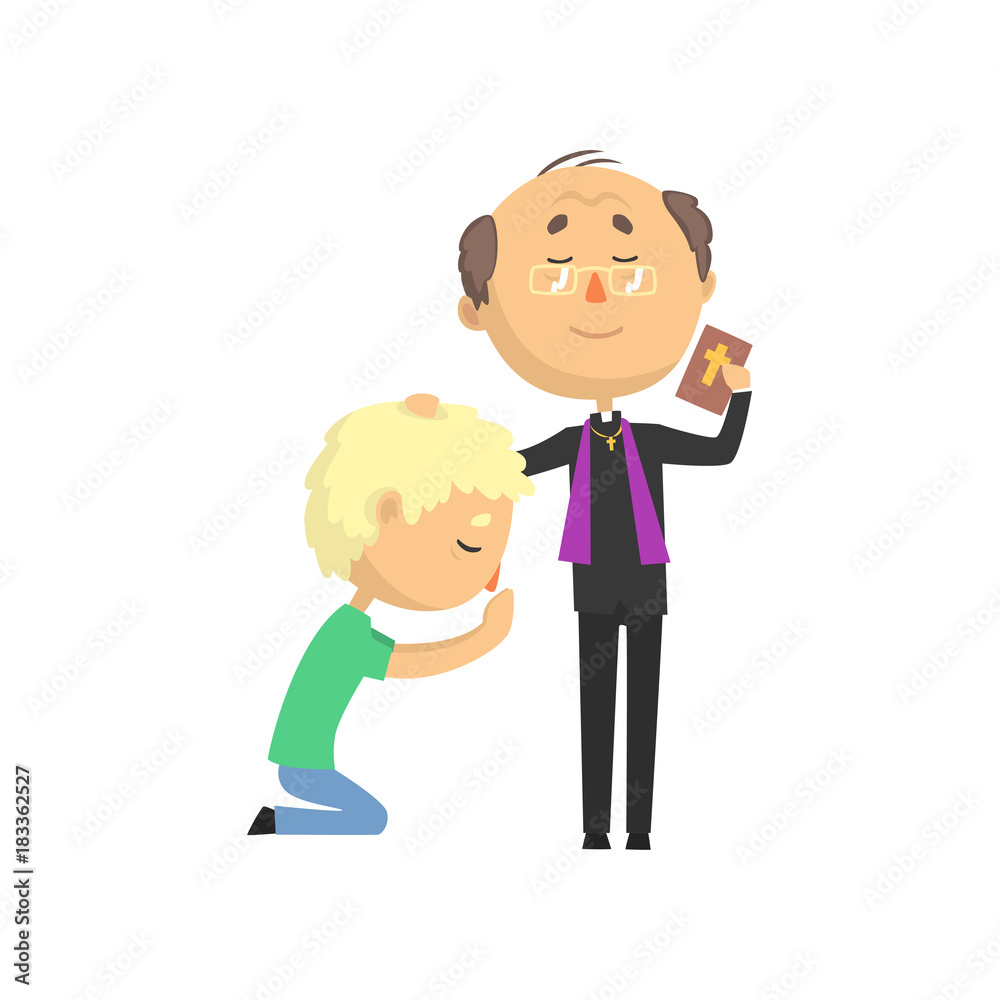 A priest in purple stole blesses a kneeling boy holding a Bible, both smiling peacefully.
