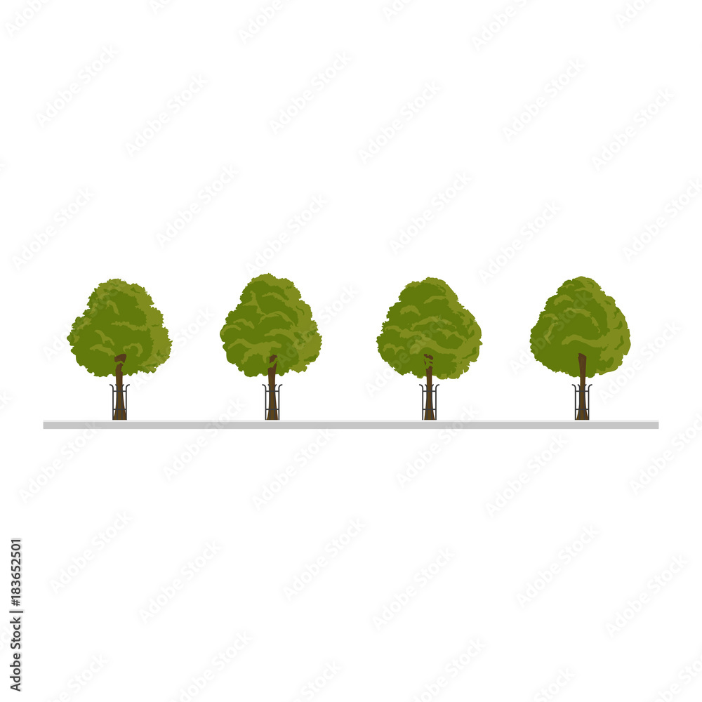 Four stylized green trees in a row along a sidewalk, each with a protective metal guard around the trunk.