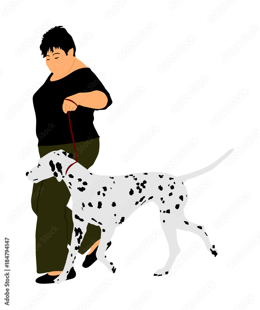 Person walking a Dalmatian dog on a red leash, wearing black shirt and green pants.