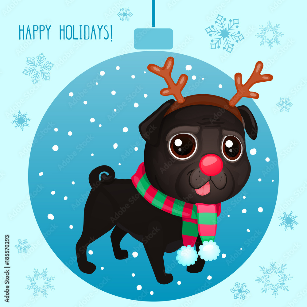 Cute black pug in a Christmas ornament with reindeer antlers, red nose, and striped scarf amid snowflakes.