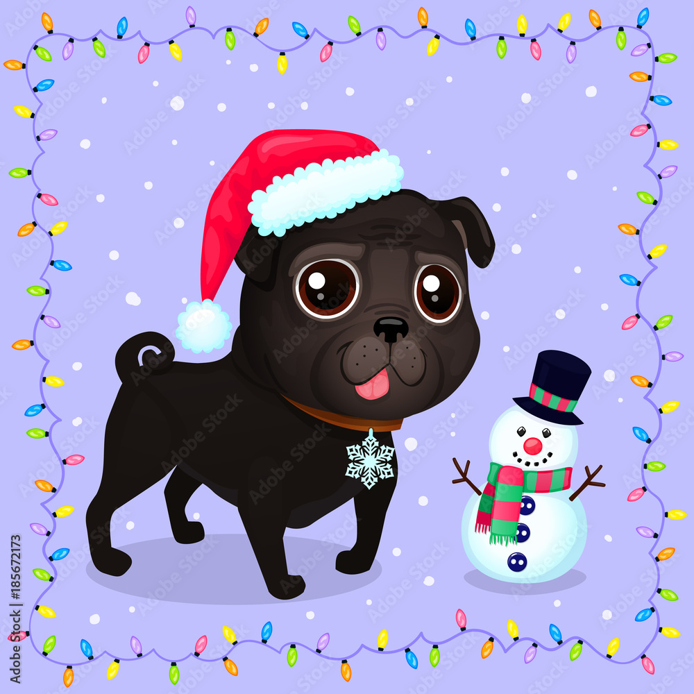 Adorable black pug wearing a red Santa hat and snowflake tag, standing beside a cheerful snowman, framed by colorful Christmas lights.