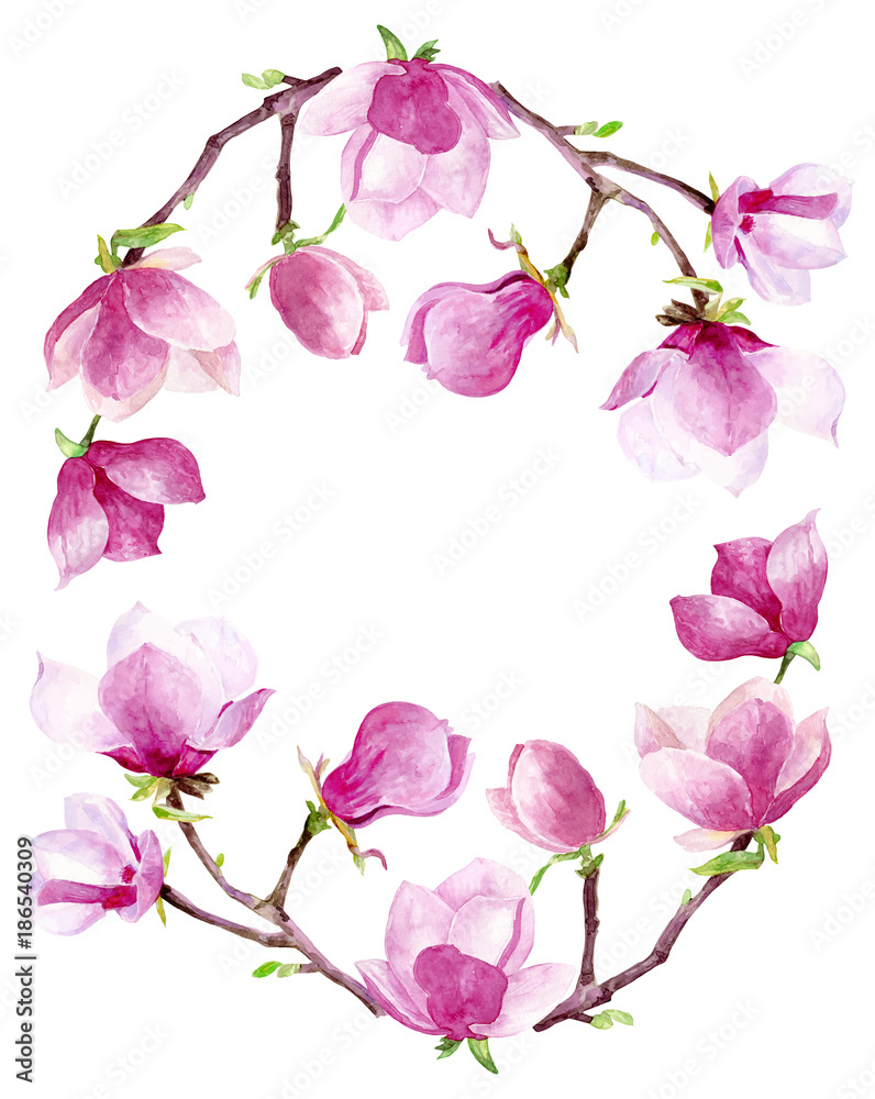 Watercolor Magnolia Wreath - Floral Art for Design & Print