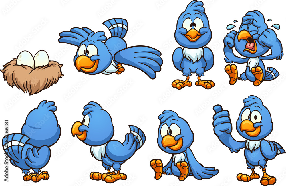 Blue cartoon bird character in various poses: hatching, flying, standing, crying, waving, and giving thumbs-up; plus a nest with two eggs.