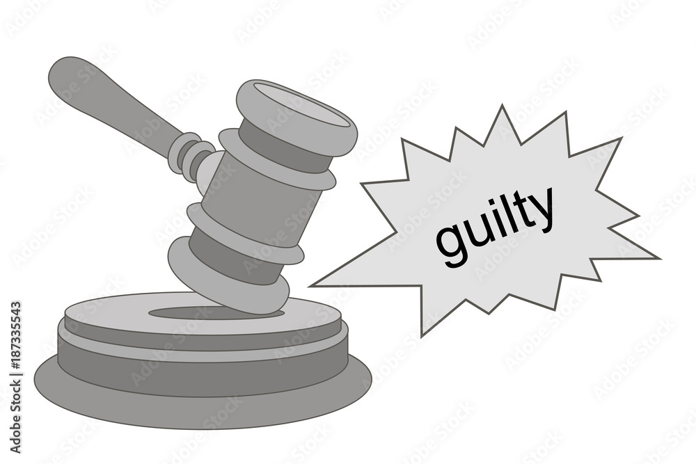 A judge's gavel striking a sound block with a speech bubble saying "guilty" beside it.
