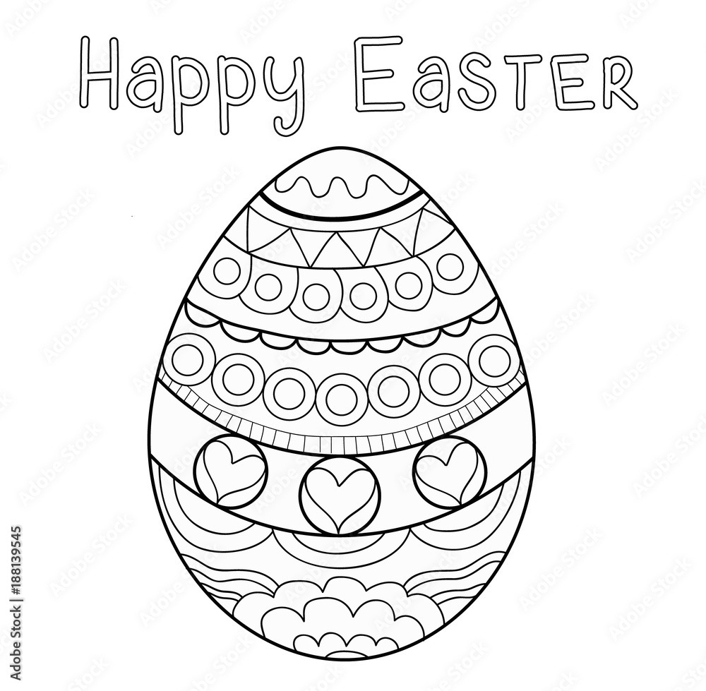 Black-and-white Easter egg coloring page with intricate patterns and "Happy Easter" text above.