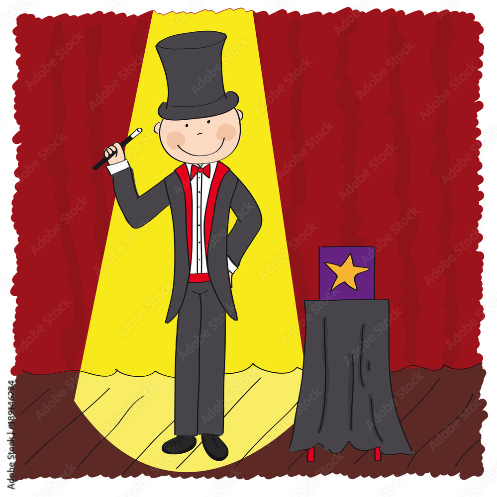 A cartoon magician in a top hat and tuxedo stands on stage under a spotlight, holding a wand beside a magic box with a star.