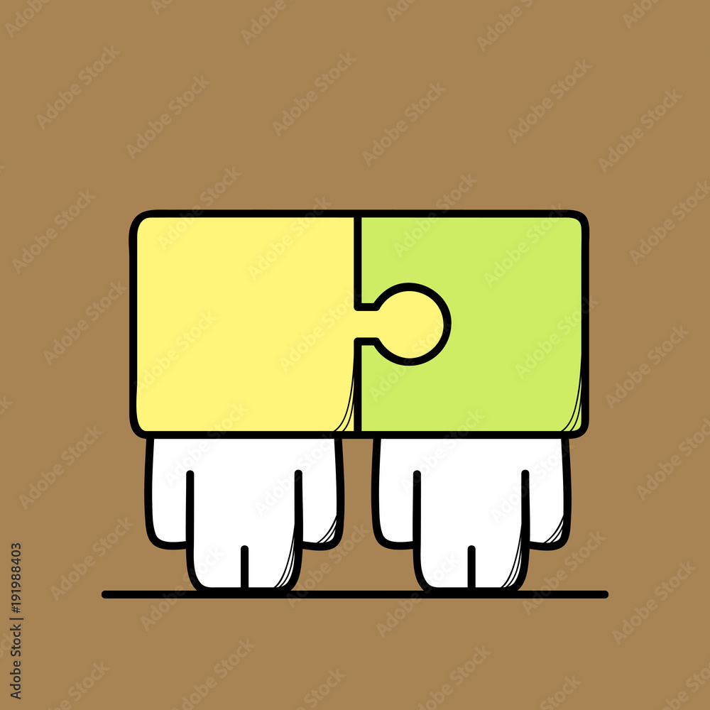 Two hands holding interlocking yellow and green puzzle pieces, symbolizing collaboration and problem-solving.