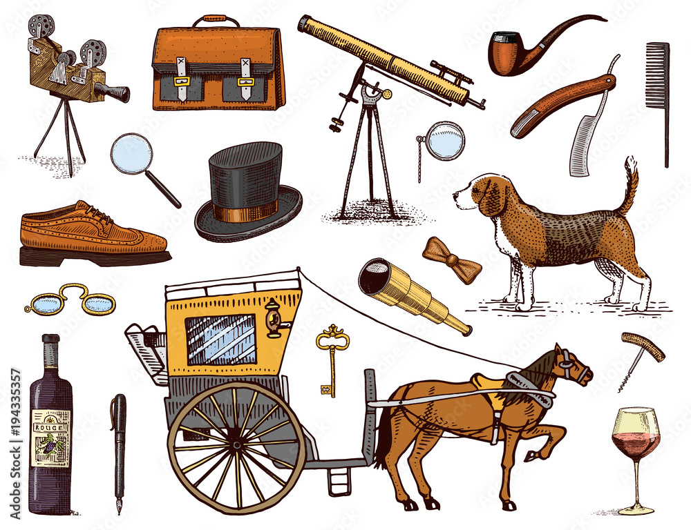 Vintage illustration featuring a beagle, horse-drawn carriage, telescope, top hat, pipe, film camera, briefcase, and other classic items.