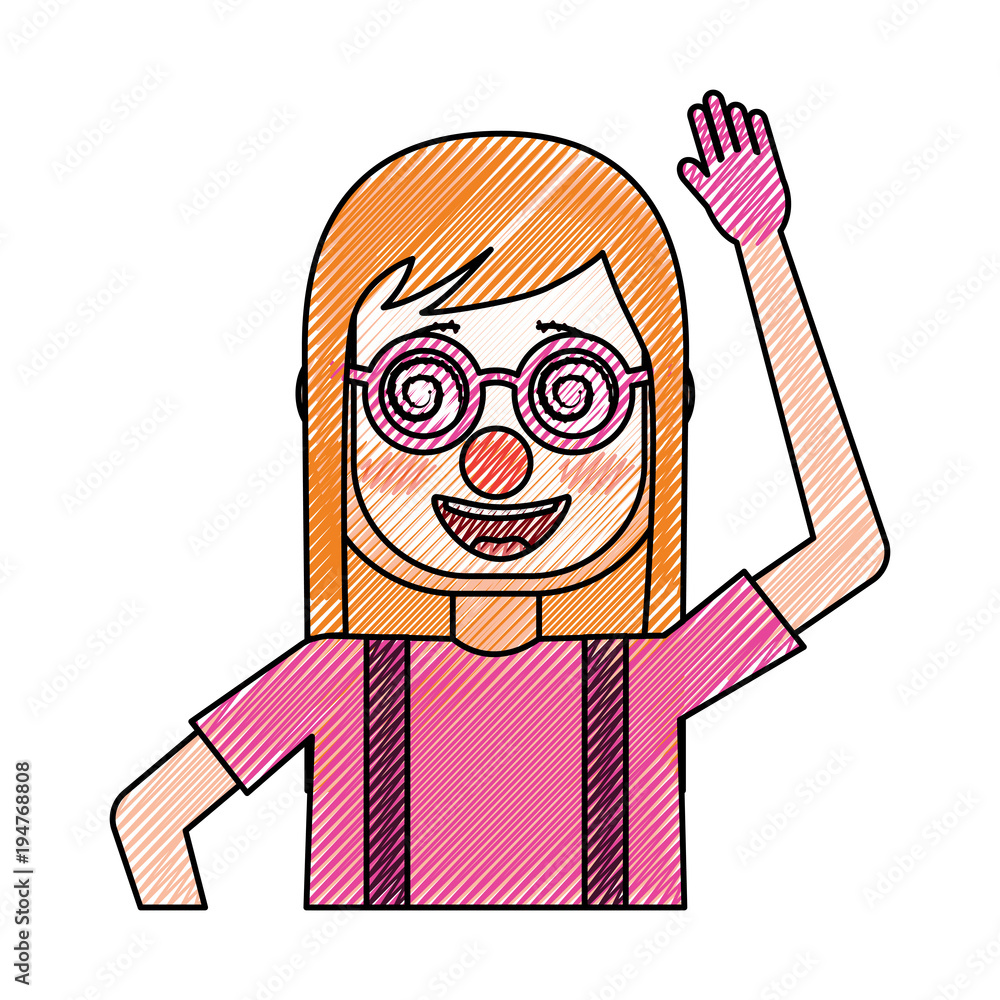 Cheerful cartoon girl with orange hair, pink glasses, and striped shirt waving hello.