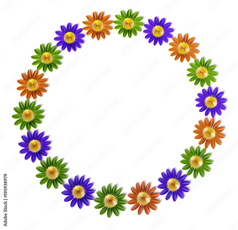 Colorful paper daisy wreath in purple, green, and orange forming a circular frame on white background.