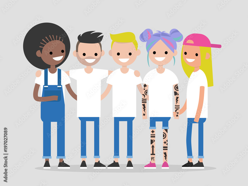 Five diverse young adults smiling and standing together in casual modern outfits.