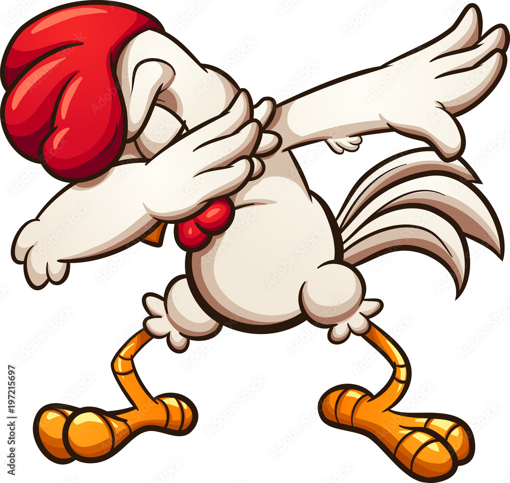 Cartoon rooster performing the dab dance move with red comb and wattle, white feathers, and orange legs.