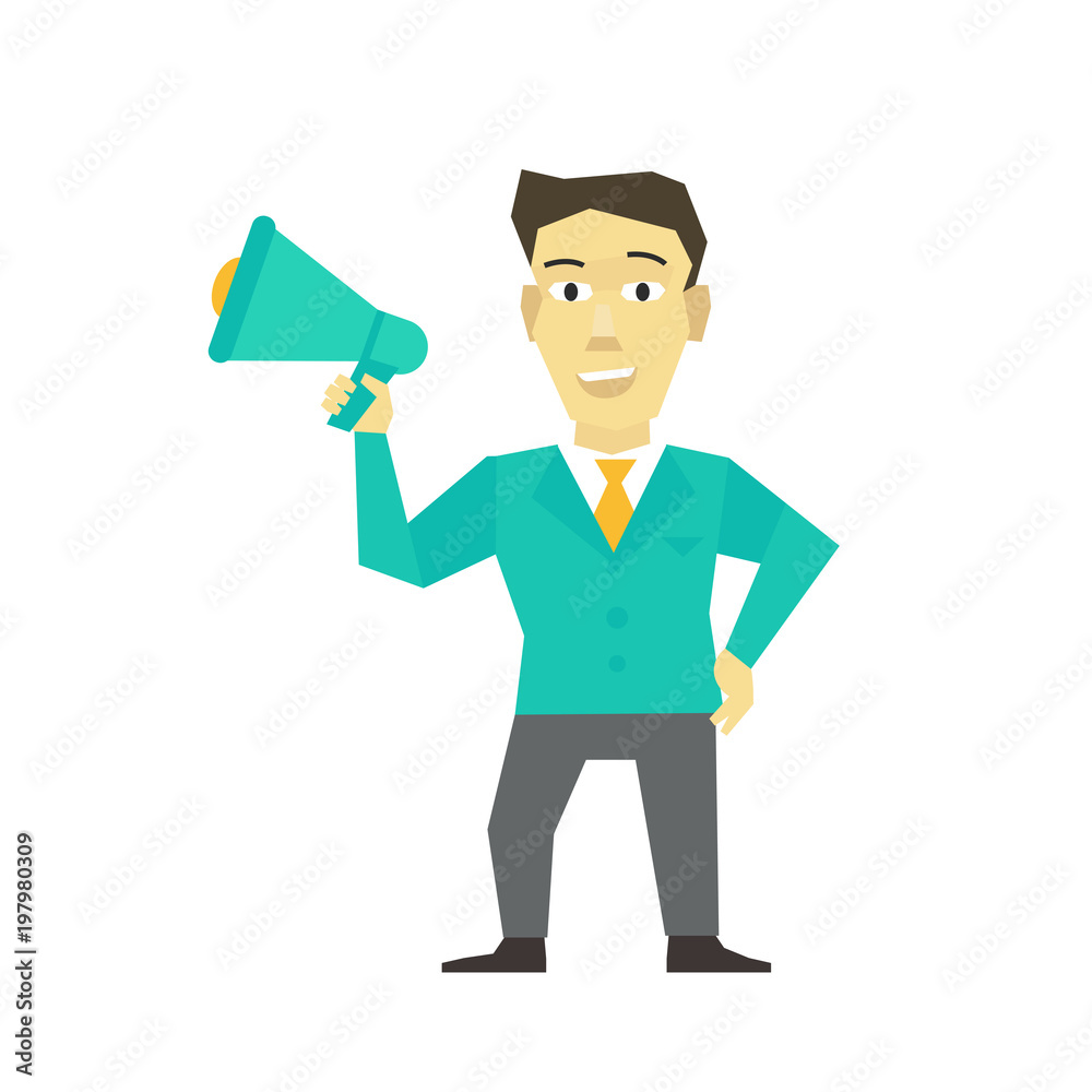 Businessman in teal suit holding megaphone, smiling confidently with hand on hip.