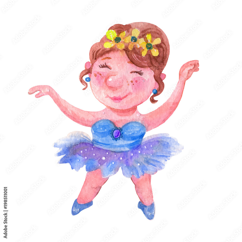Watercolor illustration of a smiling young ballerina in a blue tutu with floral hair crown, arms raised mid-dance.
