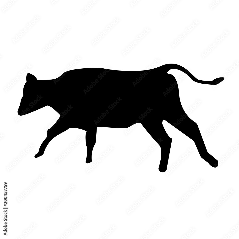 Black silhouette of a walking cow in side profile on white background.