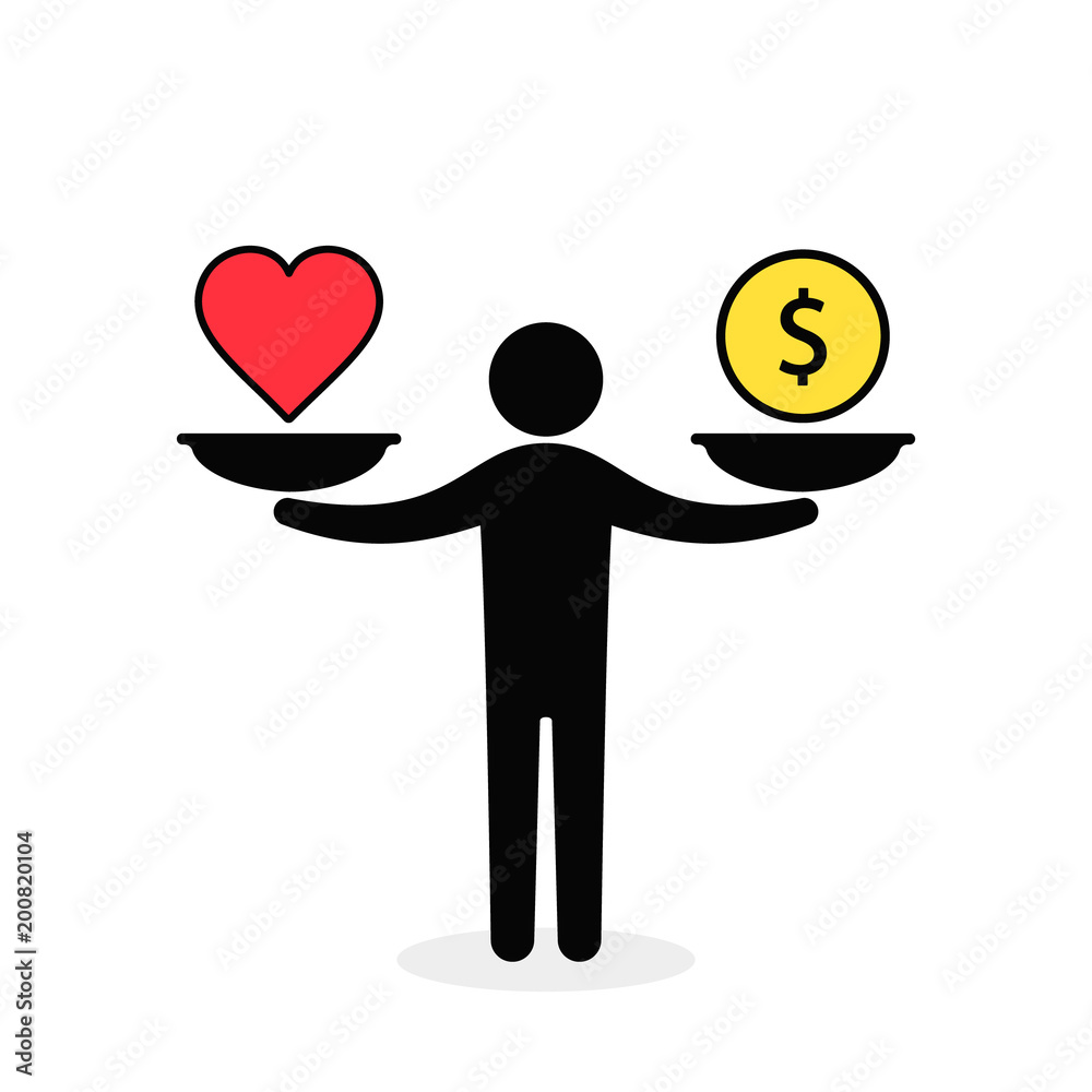 Silhouette figure balancing a red heart and a gold dollar coin on two scales, symbolizing the choice between love and money.