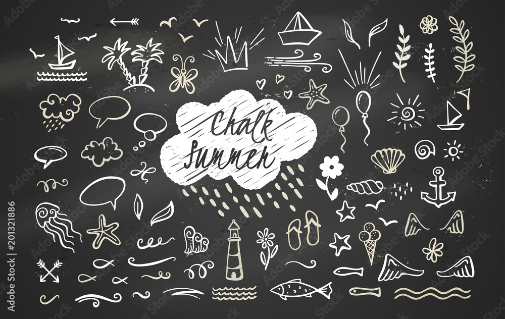 Chalk-drawn summer-themed doodles on a blackboard including palm trees, boats, stars, seashells, and "Chalk Summer" text cloud.