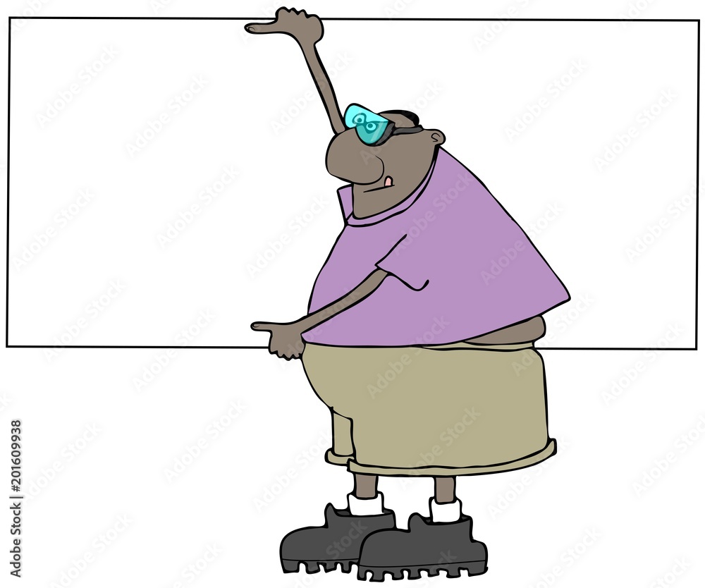 Cartoon man in purple shirt and goggles pointing at blank whiteboard with both hands.