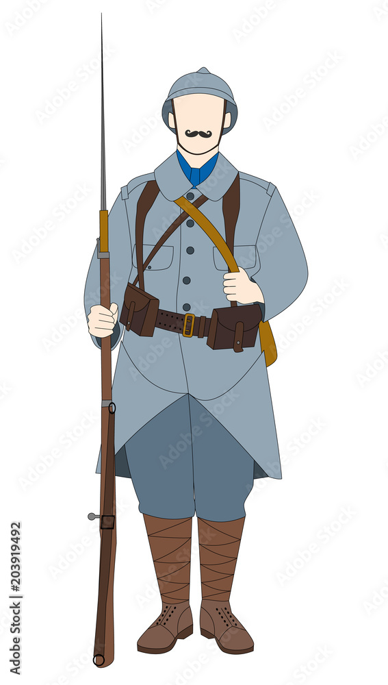 French soldier 1914 1918 with flag isolated on white background