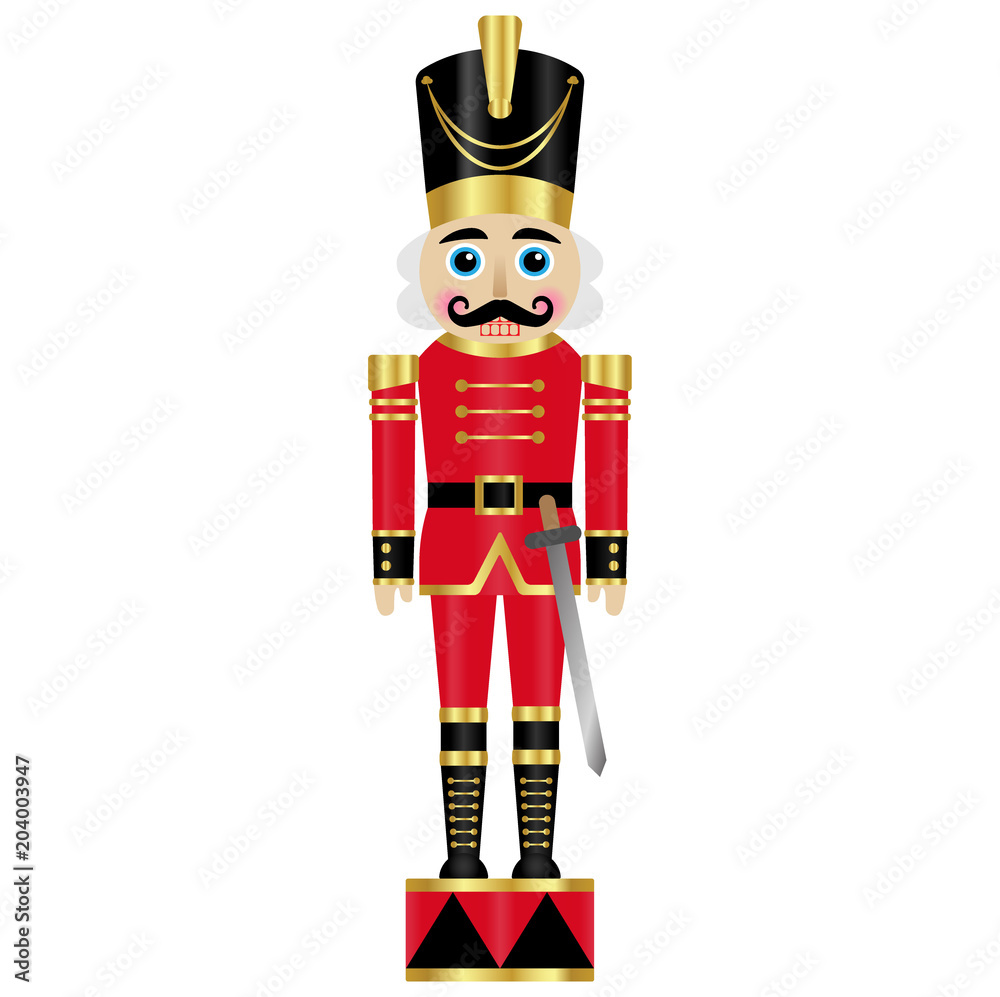 Classic red and gold nutcracker soldier with black hat, mustache, and sword, standing on a decorative base.