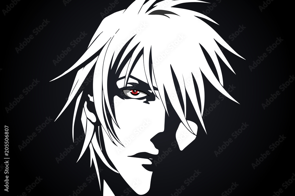 High-Contrast Anime Character Portrait - White Hair & Red Eye Art