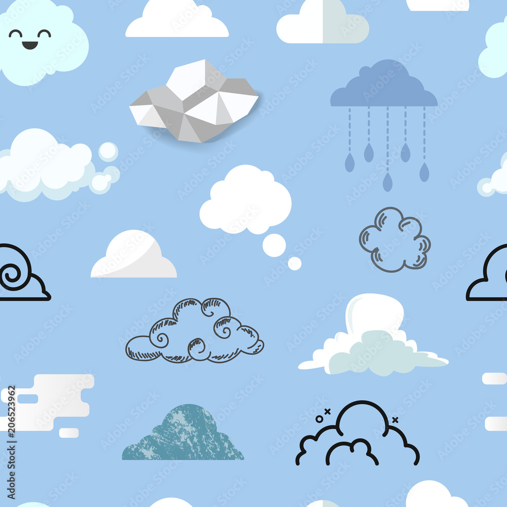 Playful cloud illustrations in various styles-cute, origami, rainy, sketched-on a light blue sky background.