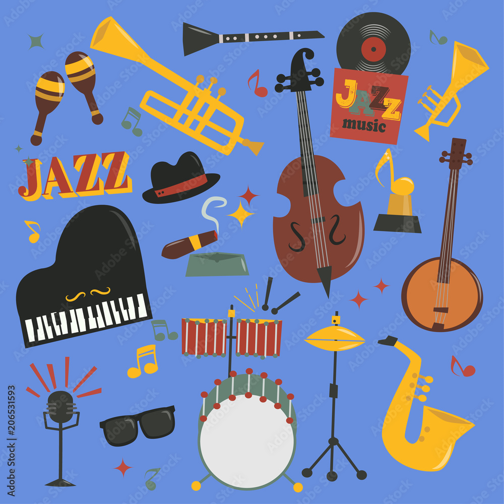 Colorful flat-design illustration of jazz instruments and icons including saxophone, trumpet, piano, vinyl record, and fedora hat on blue background.