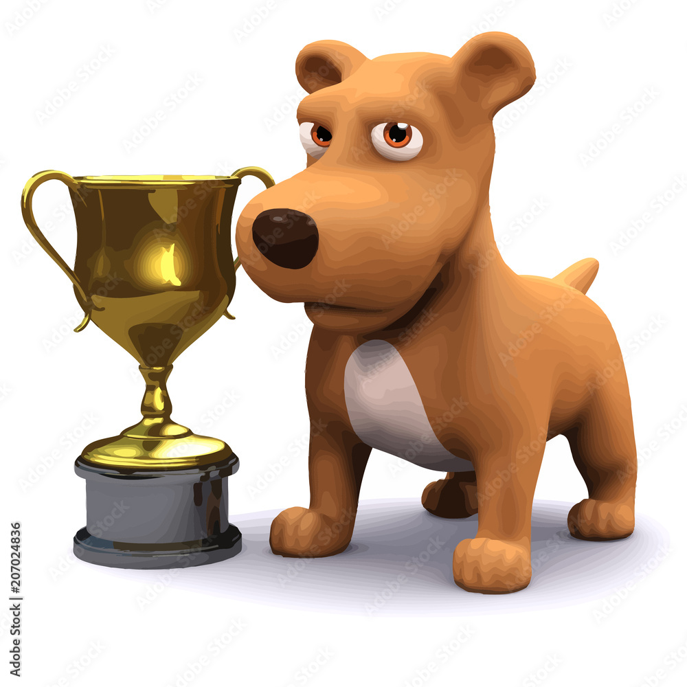 A cartoon brown dog with a white chest stands beside a shiny golden trophy cup on a white background.