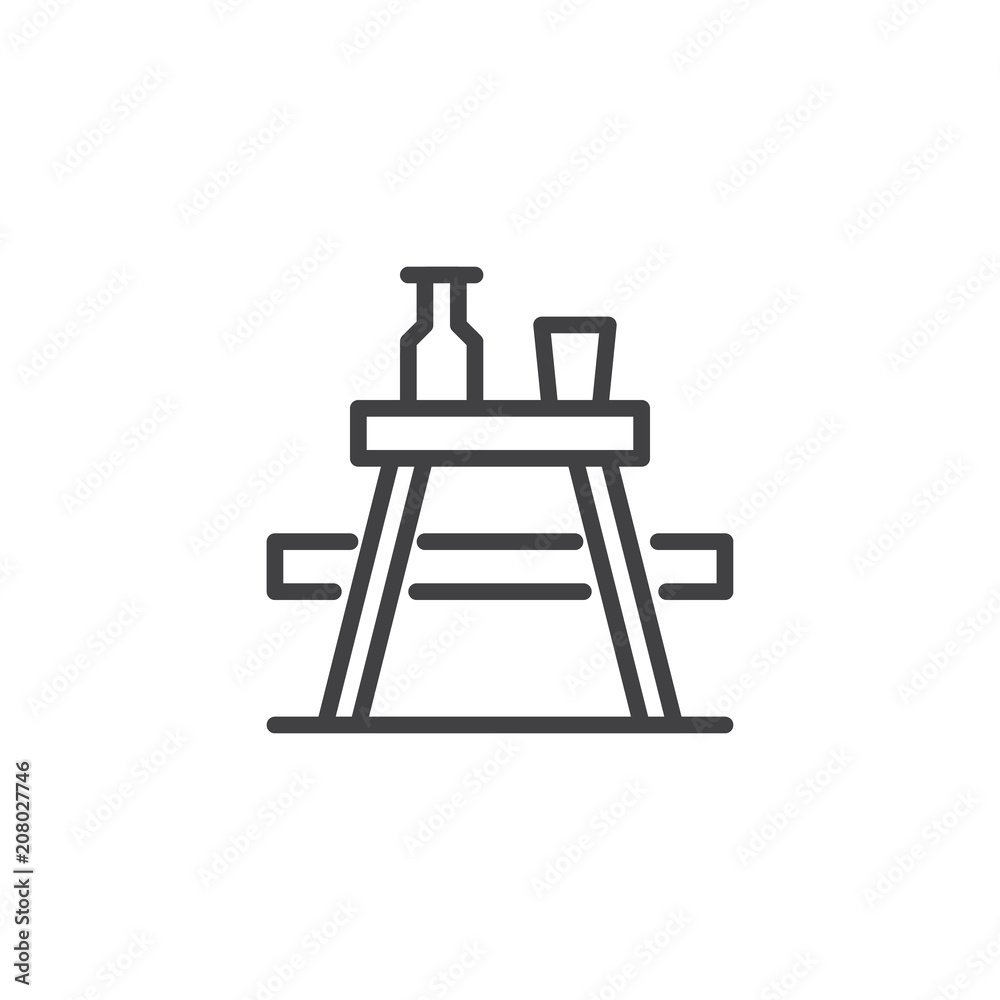 Line icon of a picnic table with a bottle and glass on top, representing outdoor dining or leisure.