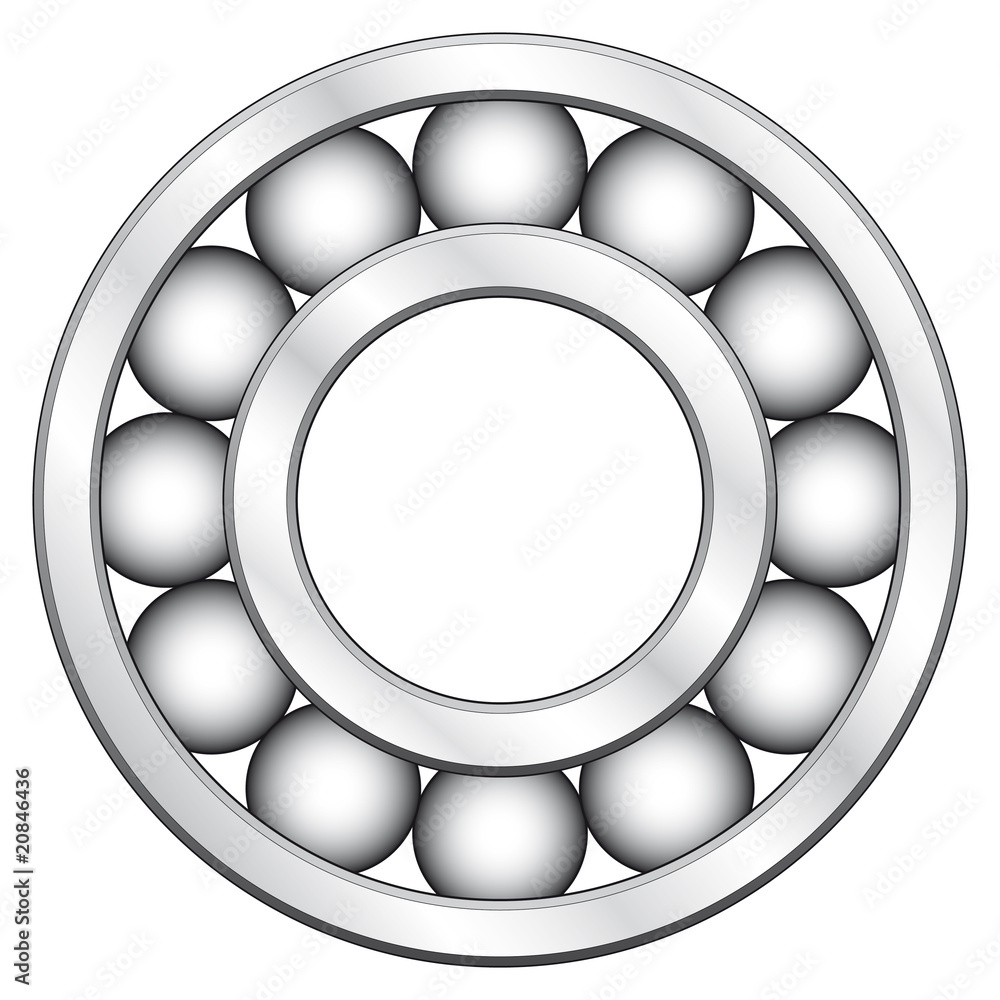 Cross-sectional view of a precision ball bearing with inner and outer races and evenly spaced steel balls.
