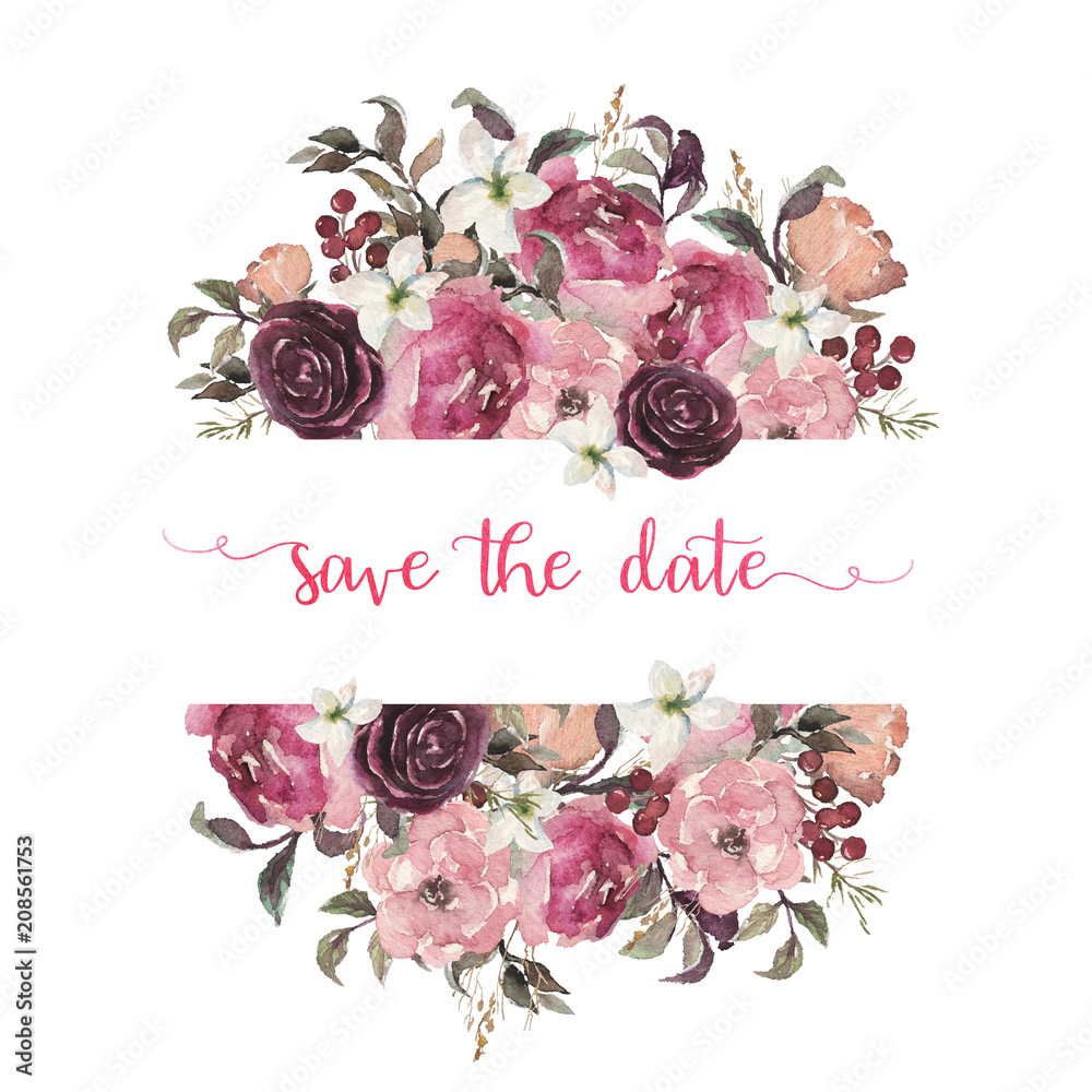 Watercolor floral "Save the Date" wedding card with pink, burgundy, and white blooms and berries.