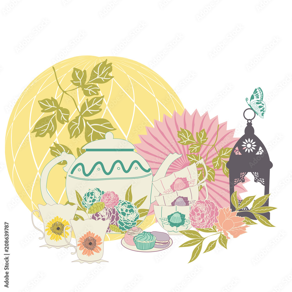 Elegant vintage tea set with floral motifs, pastel colors, lantern, and butterfly on a decorative background.
