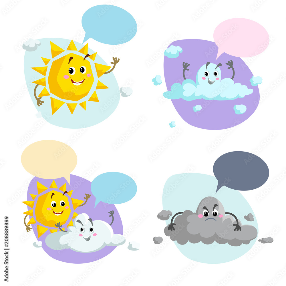 Four cartoon weather characters-happy sun, cheerful cloud, playful sun-cloud duo, and grumpy storm cloud-with speech bubbles.