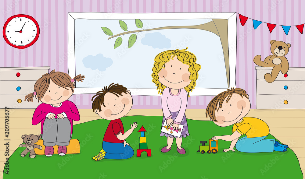 Four smiling children playing with toys on a green rug in a cheerful, striped-walled room with a clock and teddy bears.