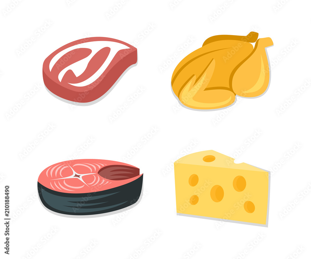 Four illustrated food items: beef steak, whole roasted chicken, salmon fillet, and Swiss cheese wedge.