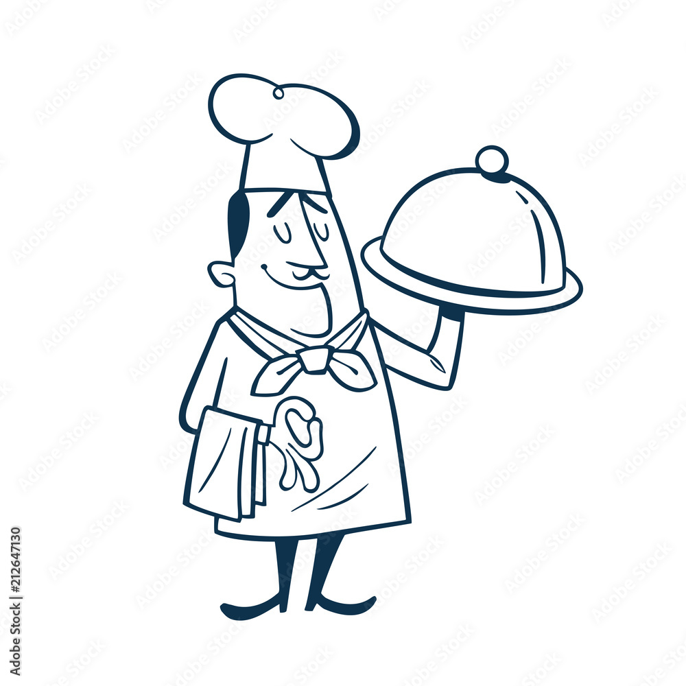 Cartoon chef in tall hat holding a covered serving platter with a towel in hand, smiling confidently.