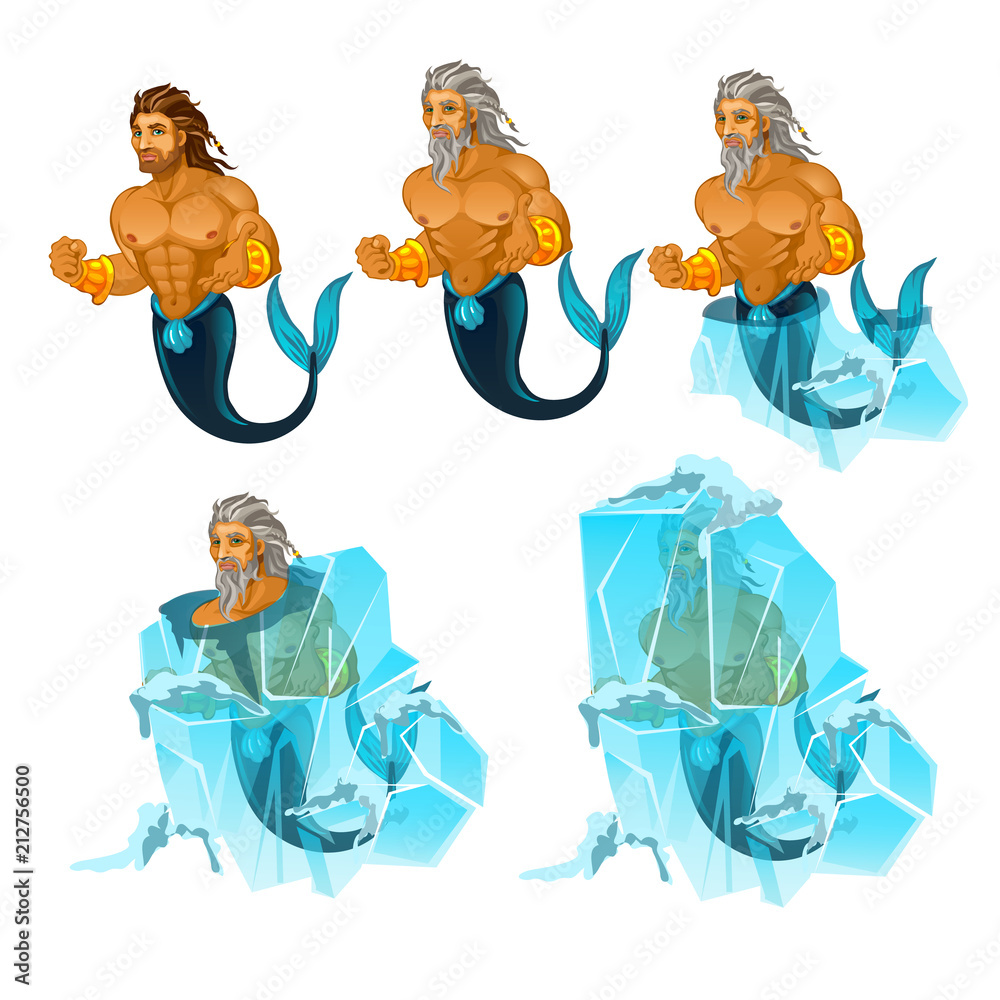 Five illustrated merman characters in various poses-active, aged, and encased in ice-with blue tails and golden armlets.