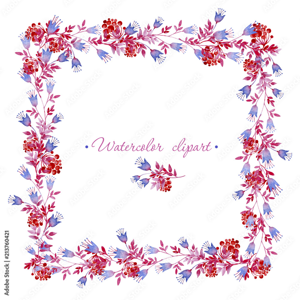 Watercolor floral frame with red berries, blue bell-shaped flowers, and pink leaves on white background.