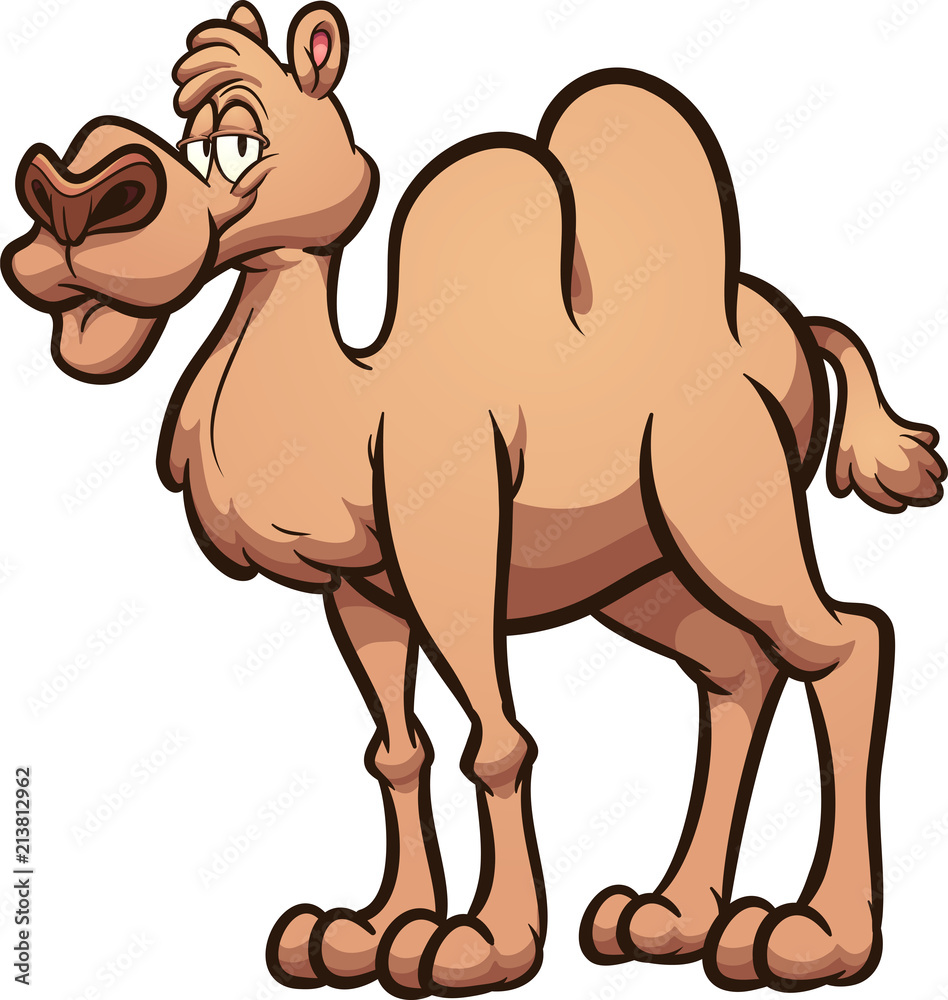 Cartoon camel with two humps, expressive eyes, and a friendly smirk, standing in side profile on white background.