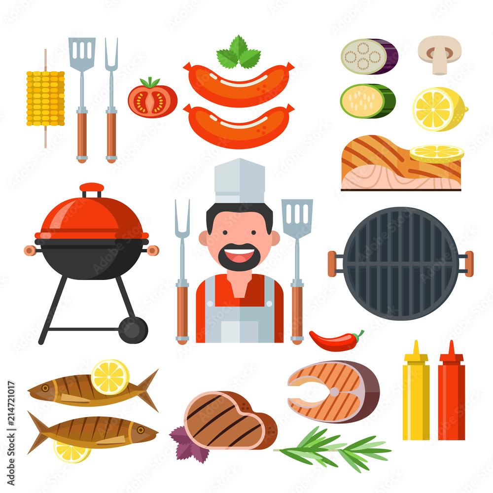 Flat design illustration of barbecue tools, grilled foods, chef, and ingredients including sausages, fish, steak, corn, vegetables, and condiments.