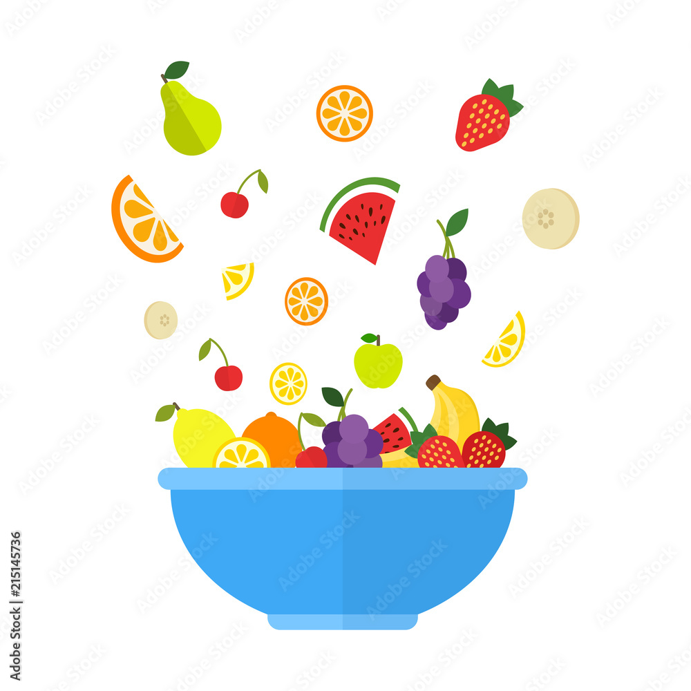 Colorful fruits like strawberries, oranges, grapes, bananas, and watermelon slice into a blue bowl in flat design style.