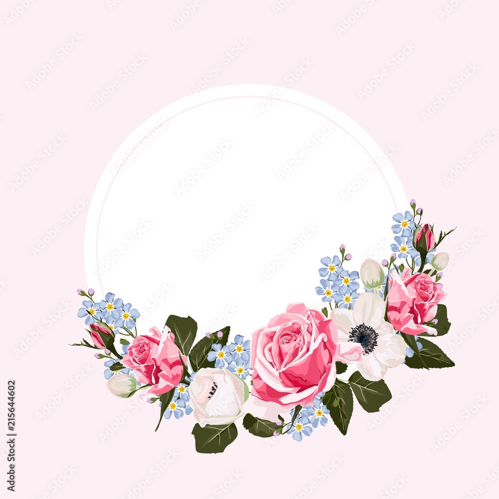 Delicate floral wreath with pink roses, white anemones, and blue forget-me-nots framing a circular white space on soft pink background.