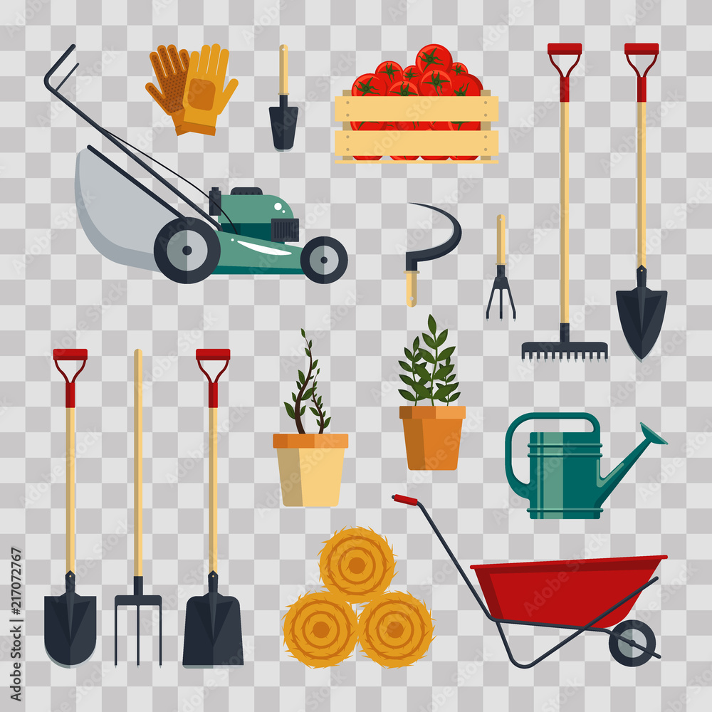 Collection of gardening tools and supplies including lawnmower, shovels, watering can, potted plants, hay bales, and tomatoes in crate.