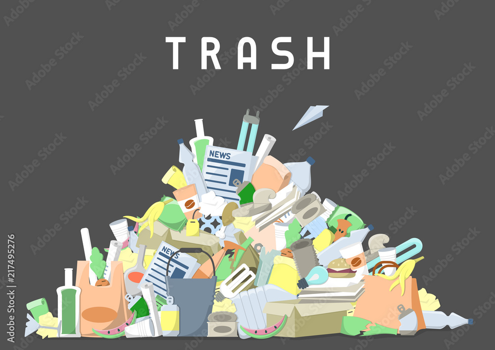 A colorful pile of assorted trash including bottles, food waste, paper, plastic bags, and electronics against a gray background with the word "TRASH".