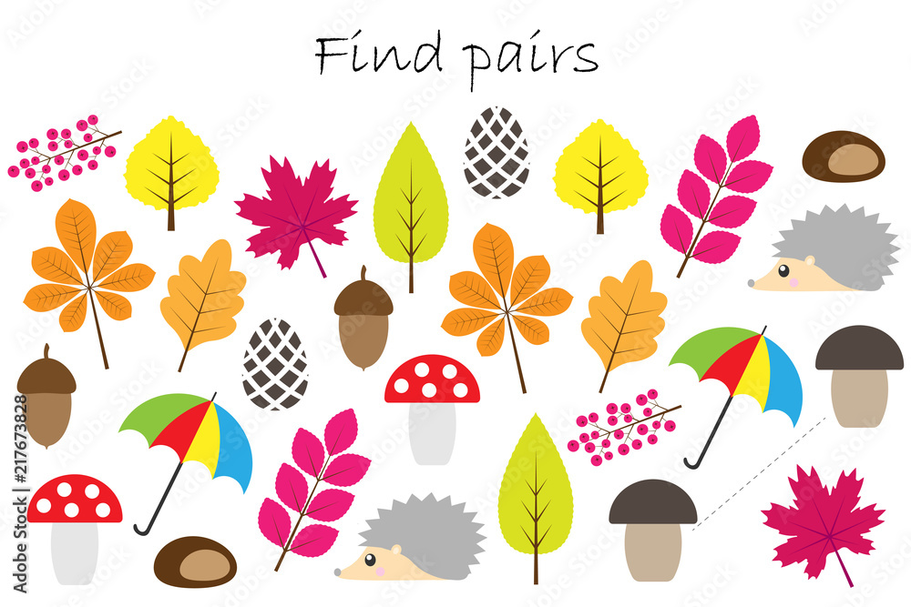 Autumn-themed "Find pairs" matching game with leaves, mushrooms, acorns, hedgehogs, berries, and umbrellas.