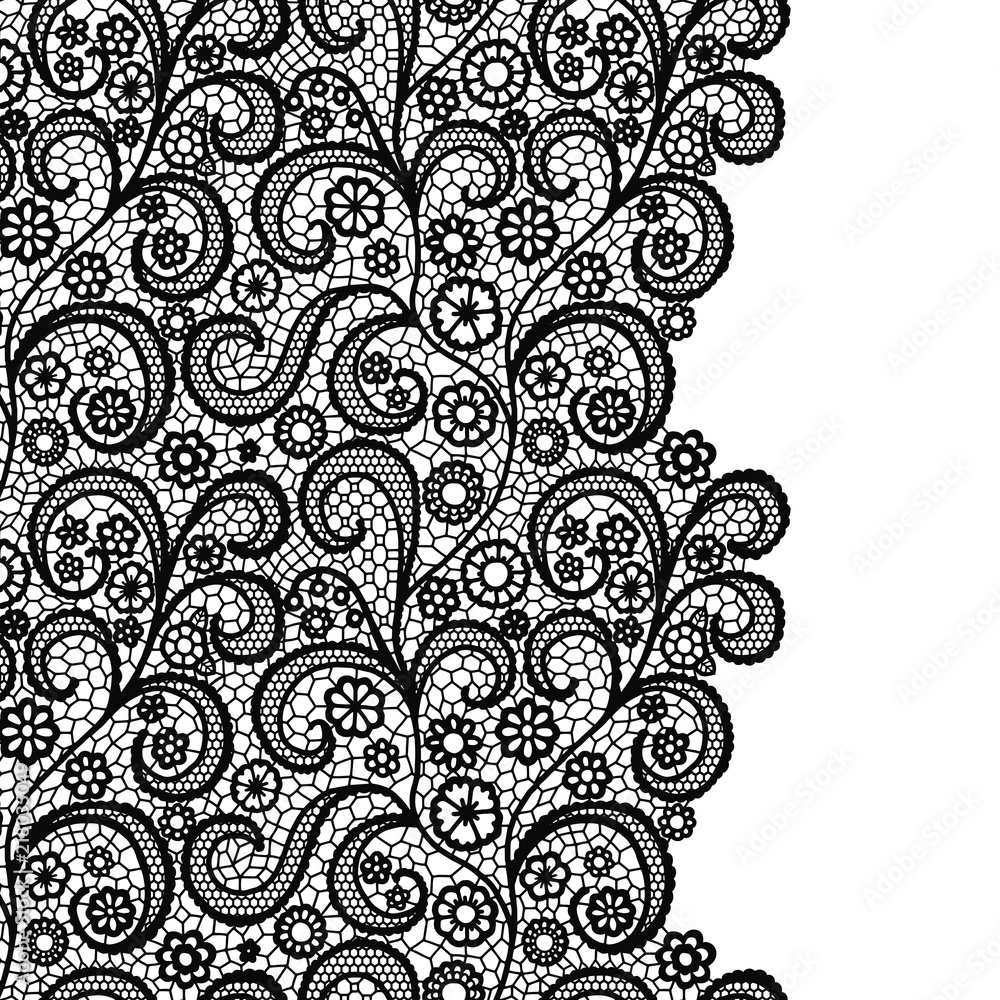 Black floral lace border pattern with swirling vines and delicate flowers on white background.