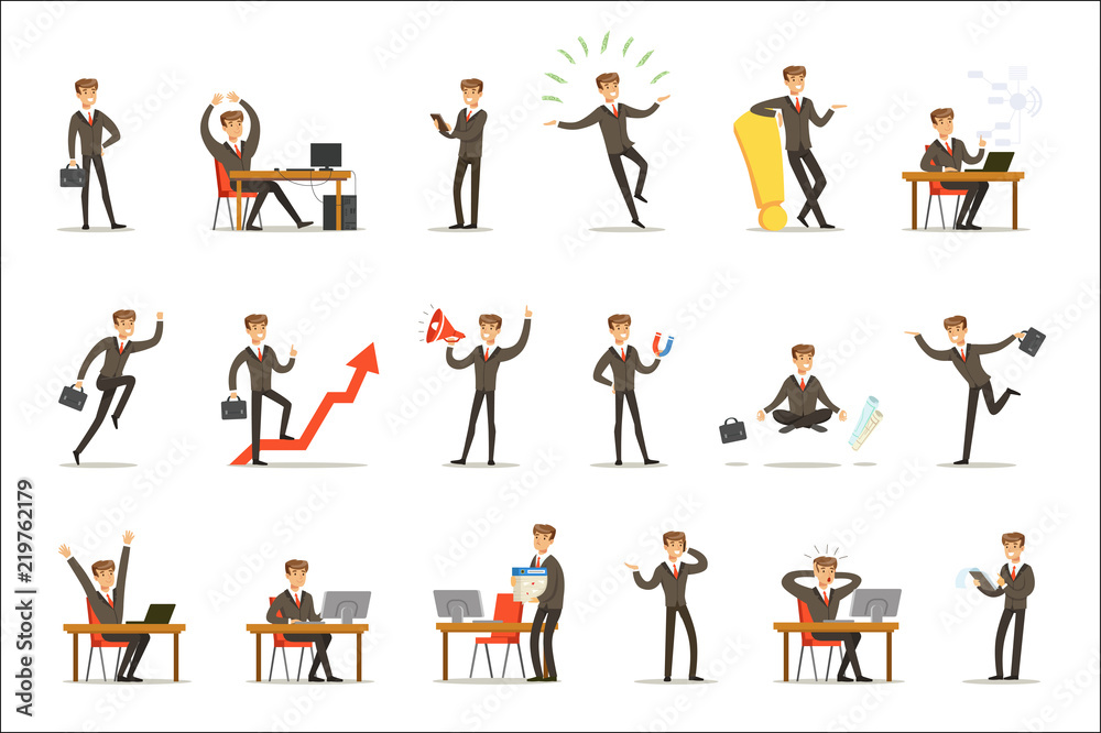 Business Man Vector Illustrations - Professional Office Scenarios & Emotions